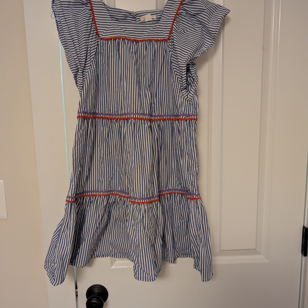 Striped Blue and White Kids Dress with Red Accents